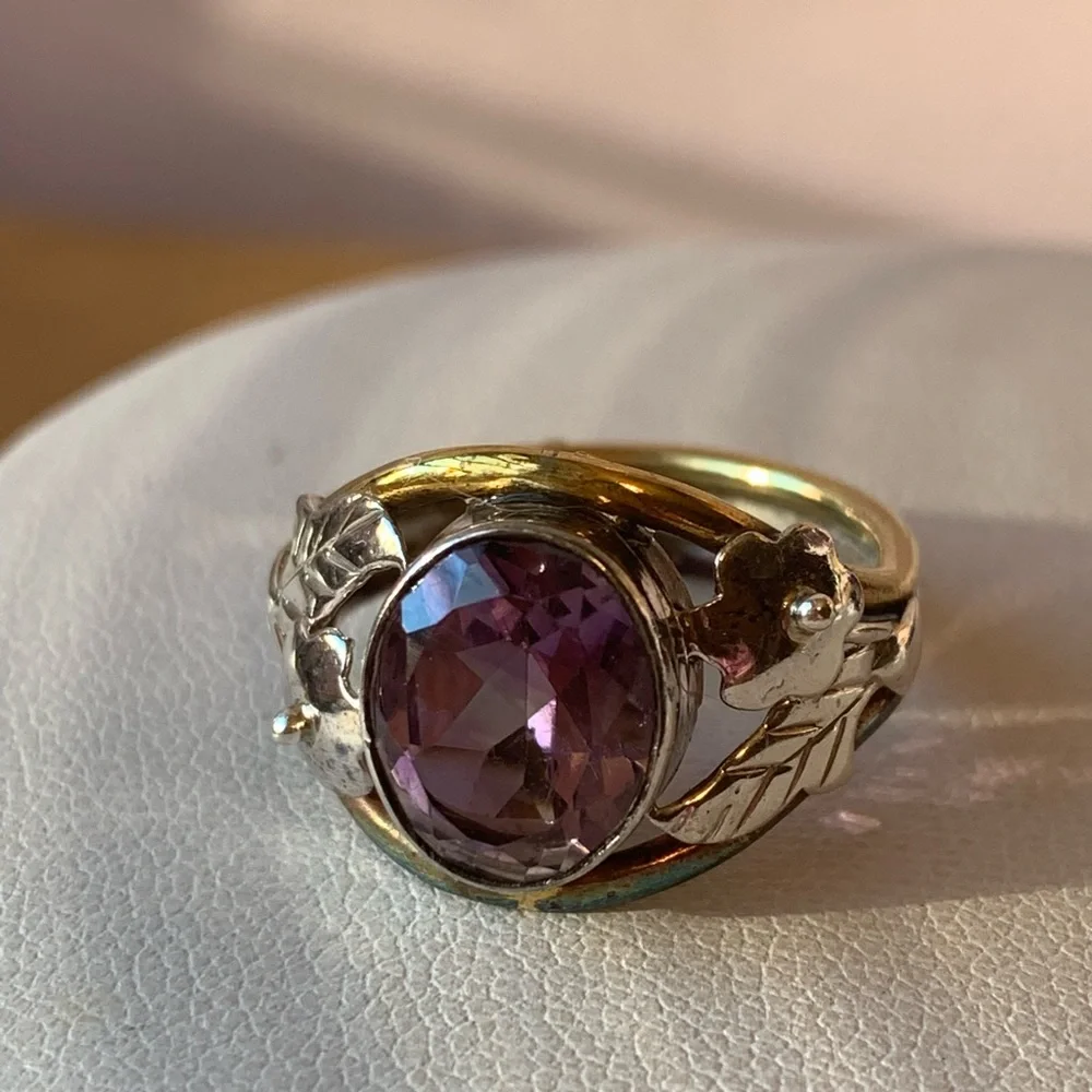 VINTAGE AMETHYST RING 925 STERLING SILVER TRI COLOR